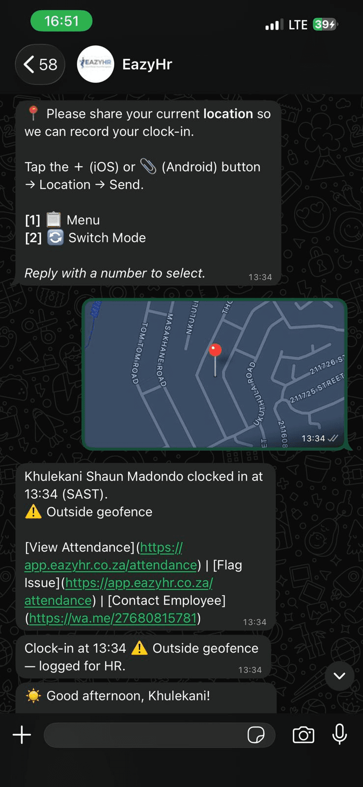 EazyHR WhatsApp clock-in
