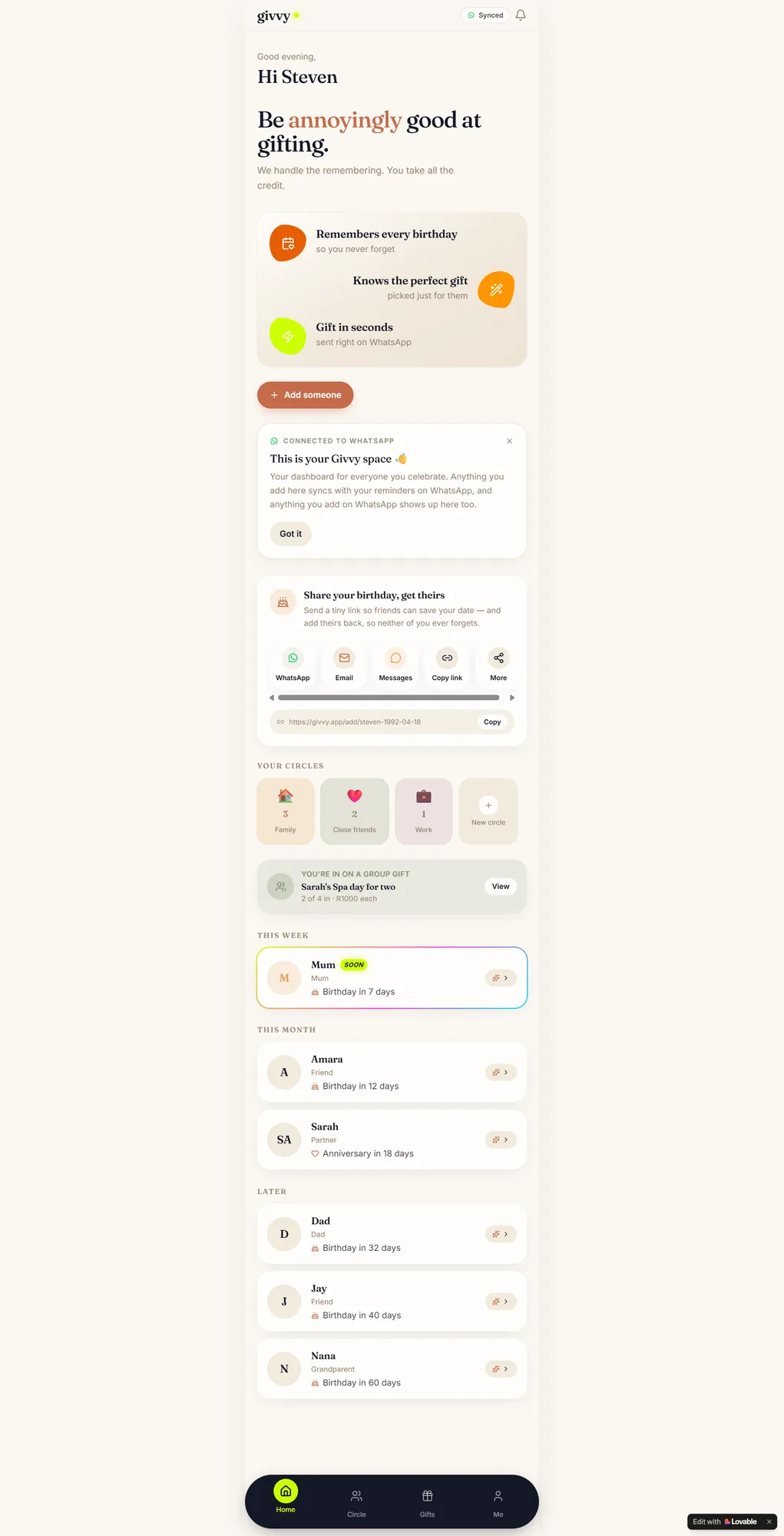 The BeGivvy app home.