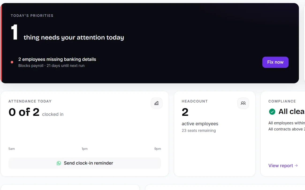 The 'today's priorities' card on the EazyHR dashboard: one thing needs attention, and the button to fix it.