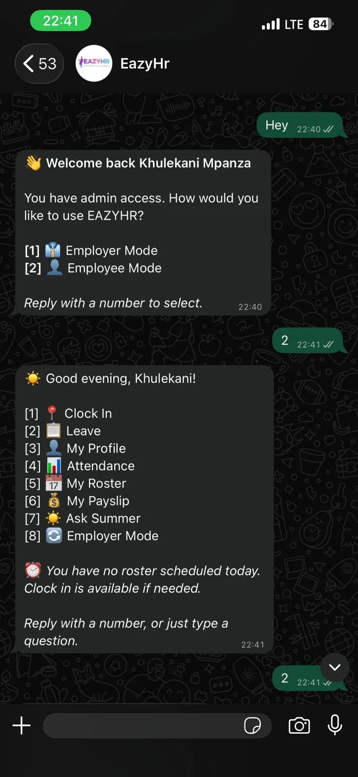The EazyHR WhatsApp menu: clock in, leave, profile, attendance, roster, payslip, ask Summer.