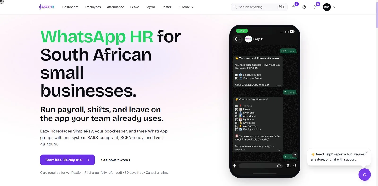 The EazyHR marketing page with the WhatsApp thread beside the headline.