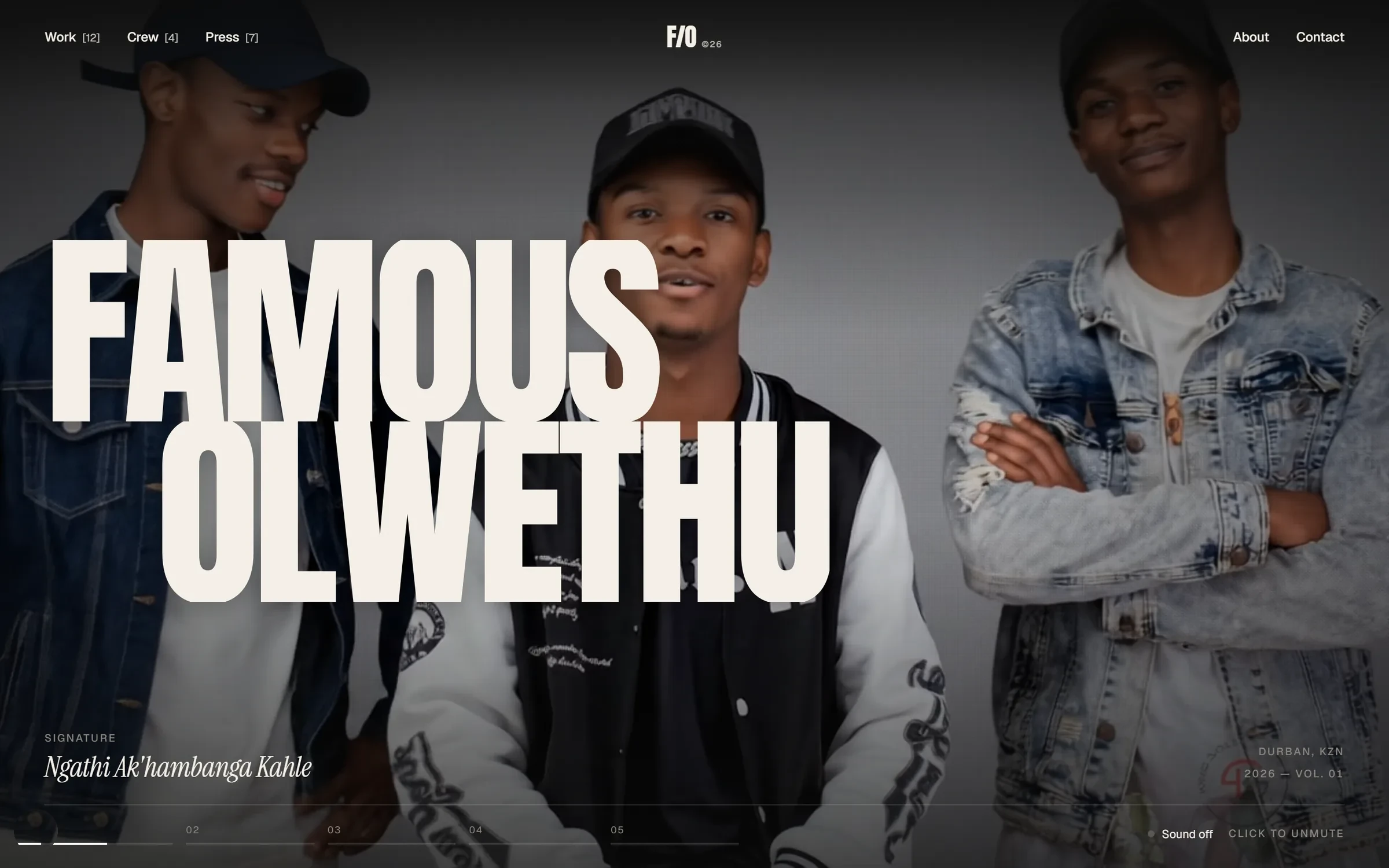 The Famous Olwethu home page: the name in condensed type across a photograph of the trio.
