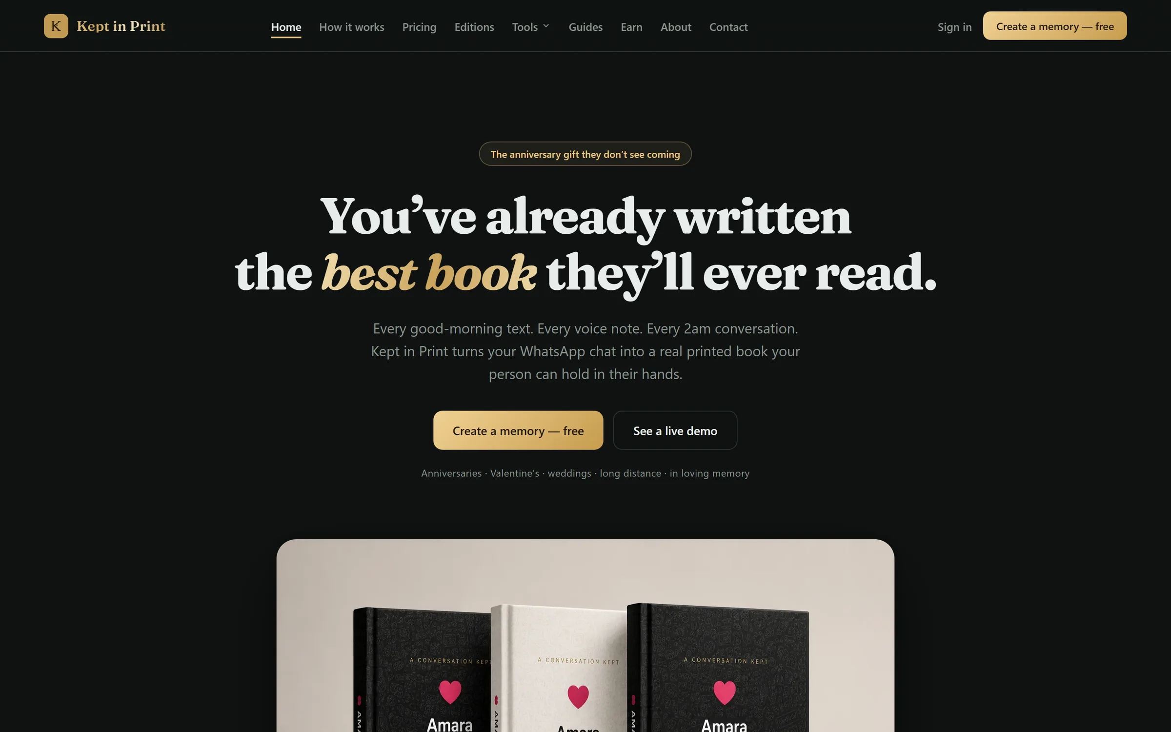 The Kept in Print home page.