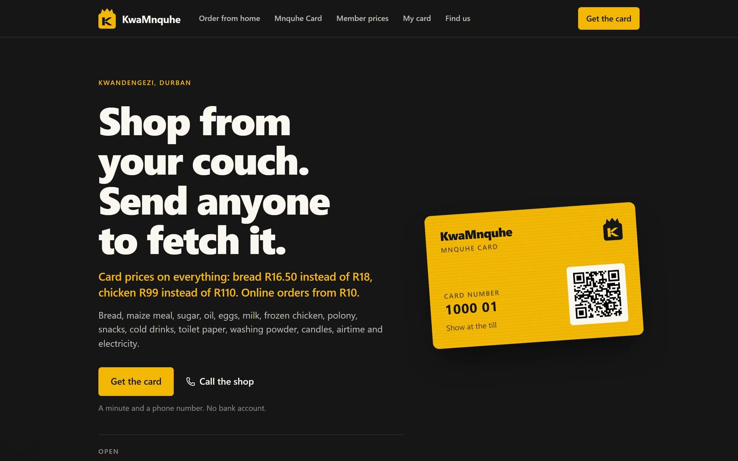 The KwaMnquhe site: 'Shop from your couch. Send anyone to fetch it.' with the yellow Mnquhe Card and its QR.