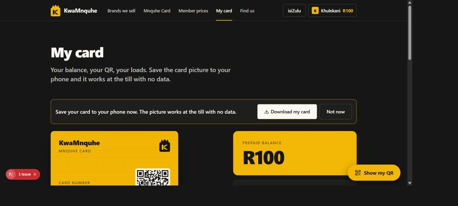 A member's card, balance and loads.