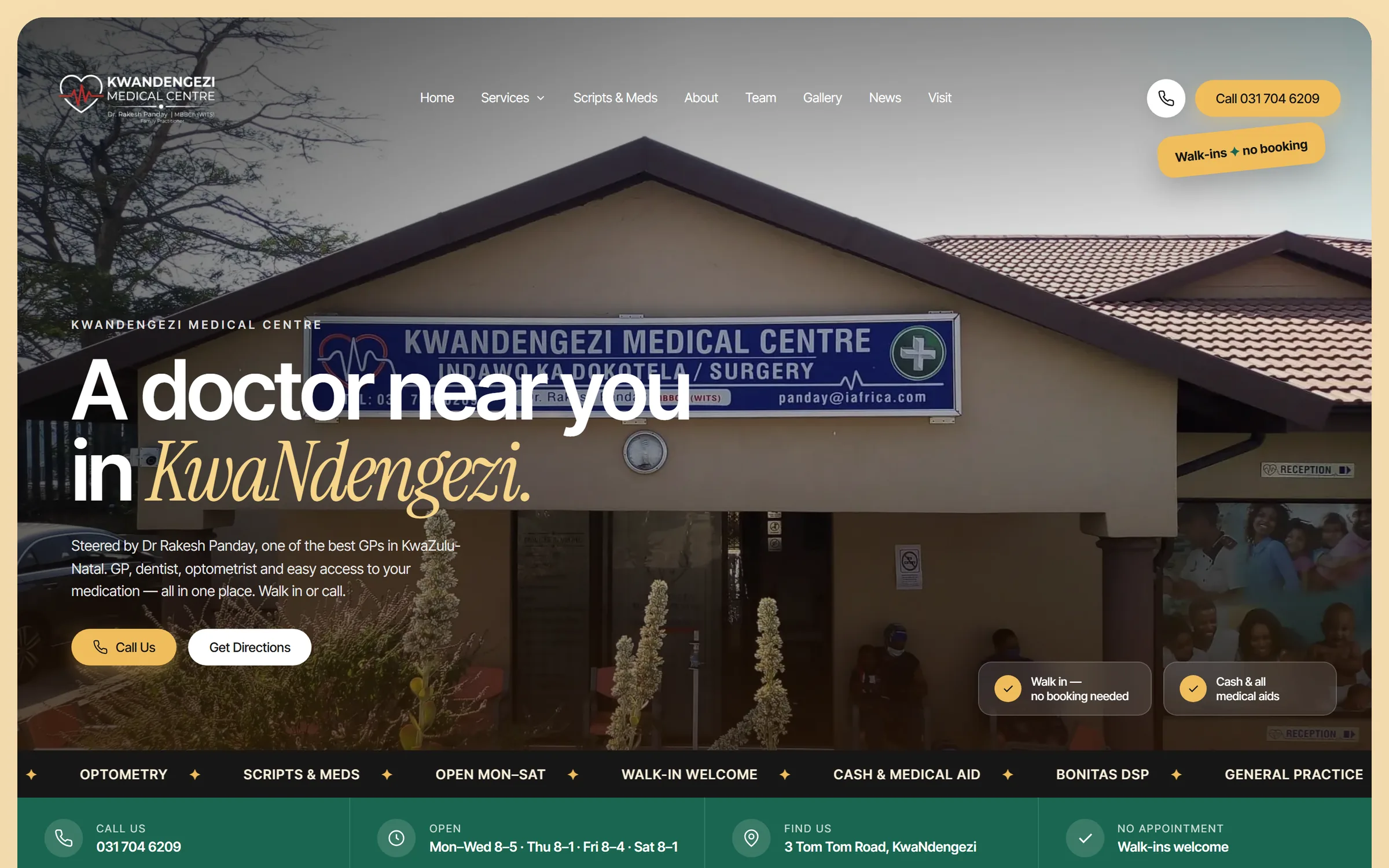 The Kwandengezi Medical Centre home page: 'A doctor near you in KwaNdengezi' over a photograph of the practice.