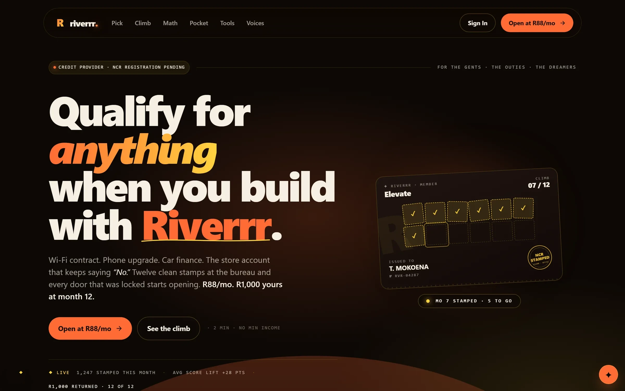 The Riverrr home page: 'Qualify for anything when you build with Riverrr', with the twelve-stamp member card at seven of twelve.